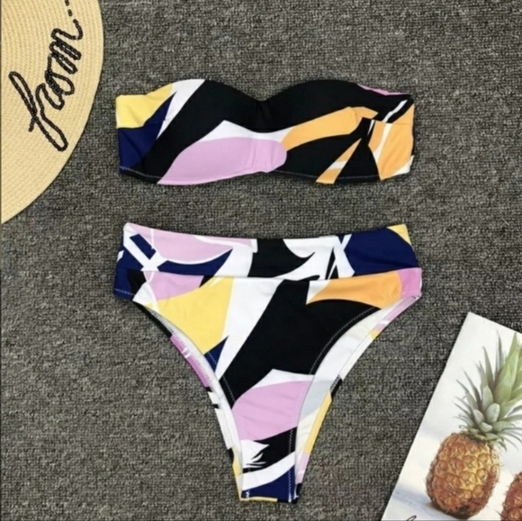 New Black Colorful Bandeau Top High Waist Bikini Set Swimsuit Size S - Picture 3 of 7